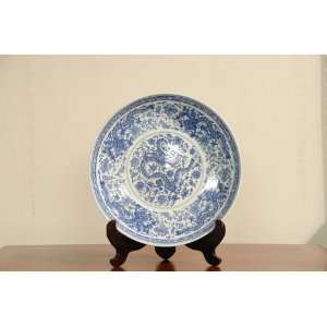   BLUE AND WHITE PORCELAIN PLATE with DRAGON DESIGN