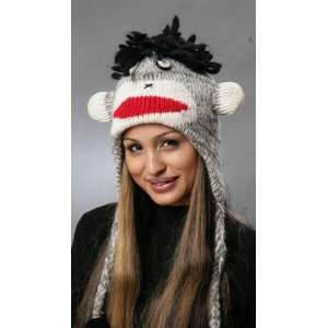  Black Punk Sock Monkey 100% Wool Pilot Ski Animal Hat 