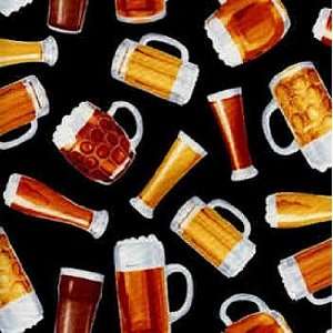  TT6006BLK Mugs of Beer on Black Quilting Fabric by 