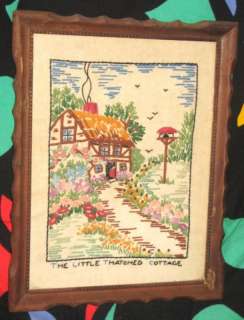 VINTAGE EMBROIDERY PICTURE THATCHED COTTAGE ORIG FRAME  