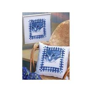  Blue Sly Cat Pillow Counted Cross Stitch Kit Arts, Crafts 