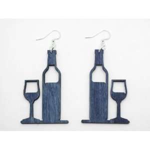  Evening Blue Wine Bottle And Glass Wooden Earrings GTJ 