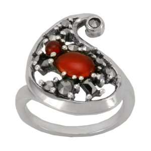  Sterling Silver Marcasite and Carnelian Paisley Ring, Size 