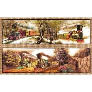  45 Wide Steam Engines Train Ride Brown Fabric By The 