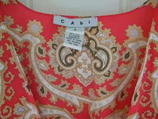 CAbi Red Black & Gold Print SILK Kimono Style Tie Front Top Blouse 