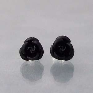 Mini Blooming Black Rose Sterling Silver Stud Earrings  