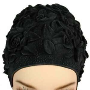   Floral Emboss Vintage Style Latex Swim Cap  BLACK   Made in Germany