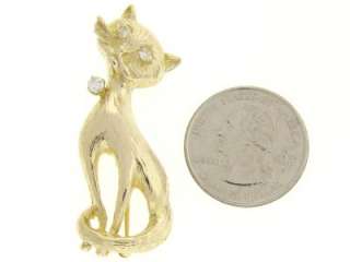 14K YELLOW GOLD DIAMOND CAT BROOCH PIN VINTAGE JEWELRY  