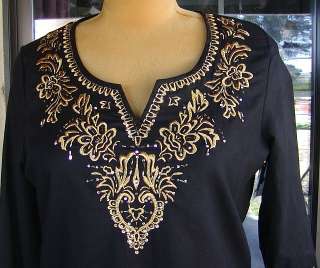 Boho Style Embellished Gold Embroidered Black Tunic Shirt Sz. L 