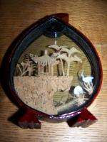 Chinese oriental pastoral cork carving art cranes vintage with box 