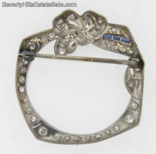 Antique Art Deco Diamonds Sapphire Platinum Circular Bow Design Brooch 