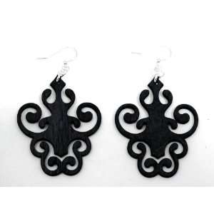  Black Satin Fancy Ink Blot Wooden Earrings GTJ Jewelry