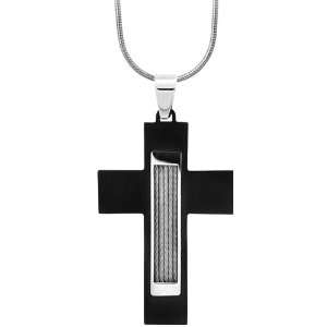  Inox Jewelry Black Cabled Cross Pendant Necklace Jewelry