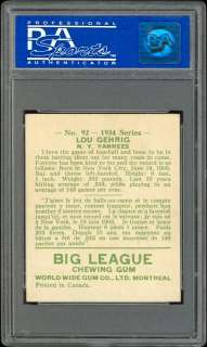 1934 World Wide Gum #92 Lou Gehrig PSA 7 Low Pop  