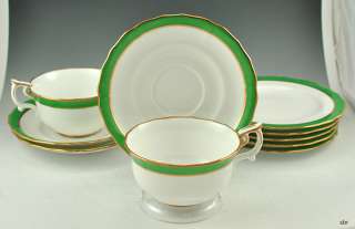 10 Pc Vintage English Spode Green Gilt Teacups Saucers  