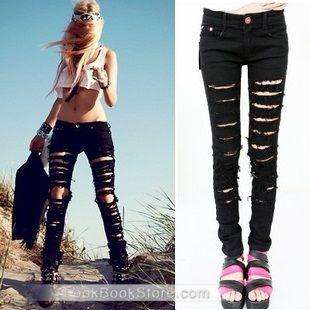Black Cut out Punk Ripped Woman Jeans Jeggings Trousers  