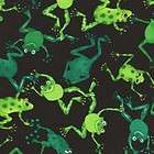 JUMPING GREEN SPOTTED FROGS ON BLACK Cotton Fabric BTY for Quilting 