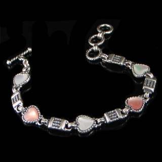 White Pink Mother o Pearl Sterling Heart Link Bracelet  
