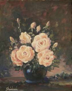 OLD STILL LIFE OIL PAINTING CALIFORNIA FLOWER ROSES BUDS FLORAL SIGNED 