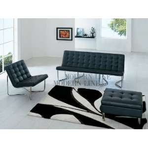  Modern Black Leather Sofa, Chairs and Ottoman