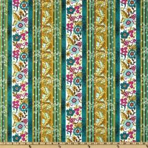44 Wide Summer Solstice Border Stripe Turquoise/Moss Fabric By The 