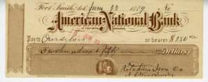 1889 Check American National Bank Fort Smith Arkansas  