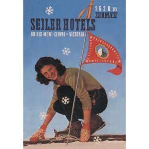  Seiler Hotel Woman Adjusting Skis 12x18 Giclee on canvas 