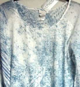 CHICOS UNDERWATER IKAT MARILYN 3/4 SLEEVE TOP ~ BLUE ~ CHICOS SIZE 0 