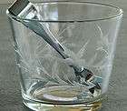HEAVY GLASS ICE BUCKET/METAL TONGS ETCHED LEAF and FLYING DUCK PATTERN