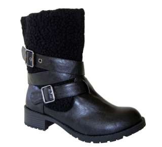 Trendy Shearing Shaft Buckle Straps Slip in Combat Ankle Boots Black 