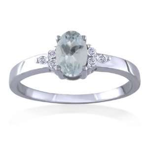  MARCH Birthstone Ring 14k White Gold Diamond & Aquamarine 
