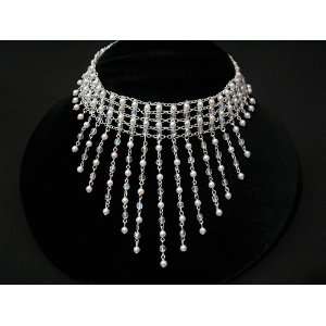  Bridal Wedding Choker Necklace White Pearl Crystal Cascade jewelry 