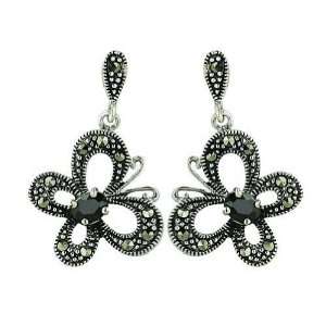   Silver Marcasite Butterfly 4x3mm Black Cubic Zirconia Center Earrings