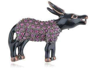 Amethyst Purple Crystal Rhinestone Donkey Black Enamel Animal Cute Pin 