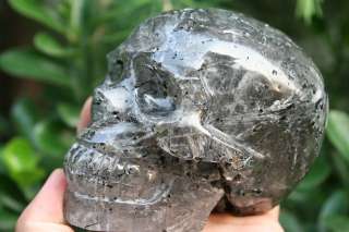 Rare black Tourmaline Quartz Rock Crystal Skull Carving  