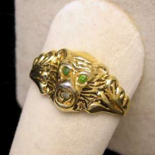 Vintage Figural Mens Lion Ring 18K Gold Filled Green Eyes Size 11.75 