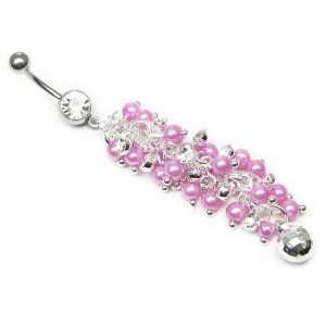 AM5408   Long Dangly rose pink pearl and crystal cluster ornate Belly 