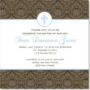   Damask with Blue Cross Baptism Invitations