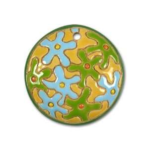   Stoneware Round Pendant   Blue and Green Deco Flowers