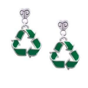 Green Enamel Recycle Symbol   Silver Plated Mini Heart Charm Earrings 