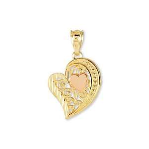  14k Yellow Rose Gold Floral Heart Love Beaded Pendant 