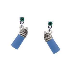  3 D Blue Baby Bottle Emerald Swarovski Post Charm Earrings 