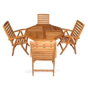  Teak Octagon Table (52D), 4 Teak Reclining Chairs 