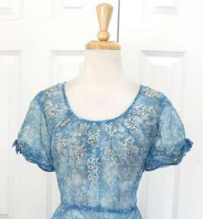 Vtg 40s Blue Floral Sequin Full Skirt Silk Party Dress Sz M/L  