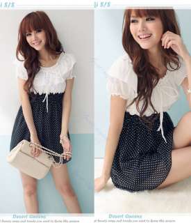   Fashion Korean Lady Chiffon Short sleeve Dots Polka Waist Mini Dress