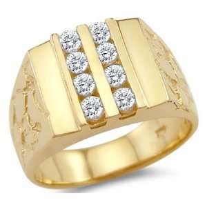   Solid 14k Yellow Gold Heavy Mens Fashion Nugget CZ Cubic Zirconia Ring