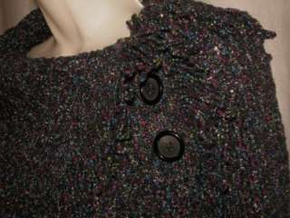   Womens M Wool Black Multi Color Fleck Split Cowl Fringe Sweater  