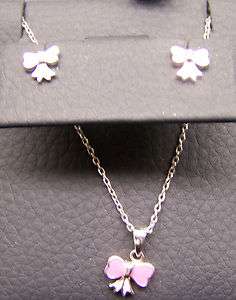   Silver 925 Necklace Earring Set Little Girl Pink Enamel Bows 16 Chain