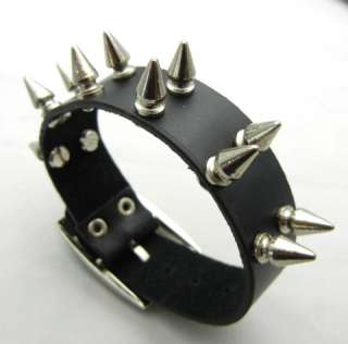 Double Row Metal Spike Punk EMO Biker Gothic Leather Bracelet 