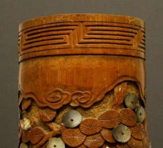 Huge 19th C Japanese Bamboo Brush Pot Vase Carved Ox Bone & MOP Inlay 